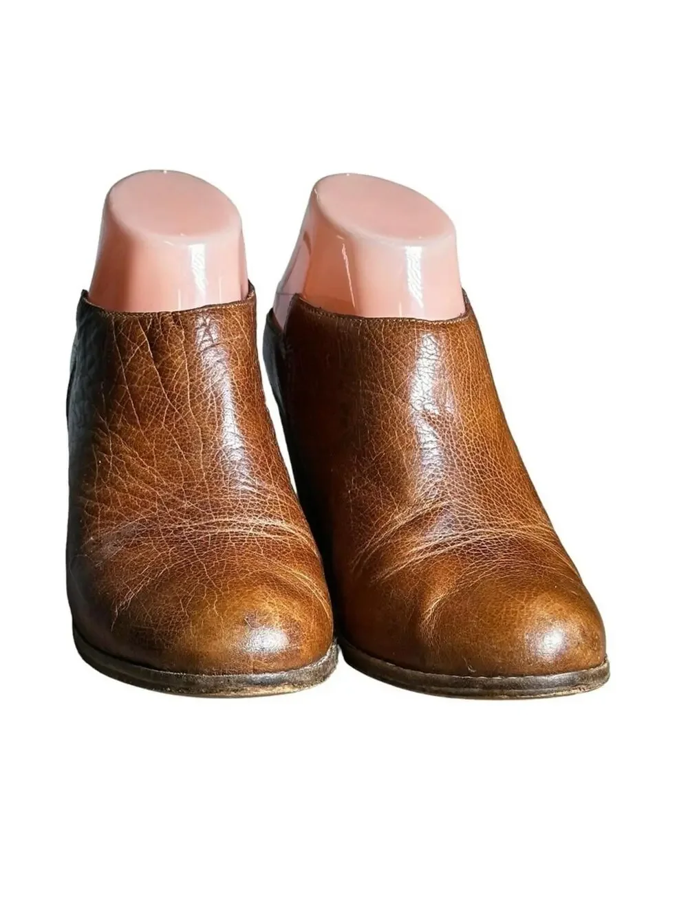 JEFFREY CAMPBELL • Ibiza Last Vinton Brown Leather Stack Heel Mules Booties 7.5
